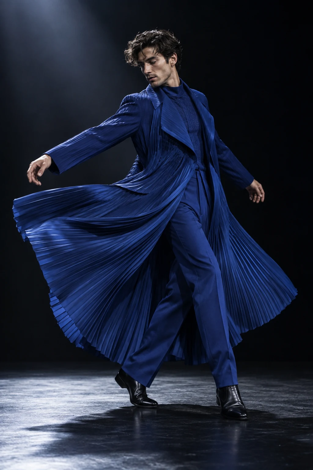 Illustrative cobalt blue performance coat in movement