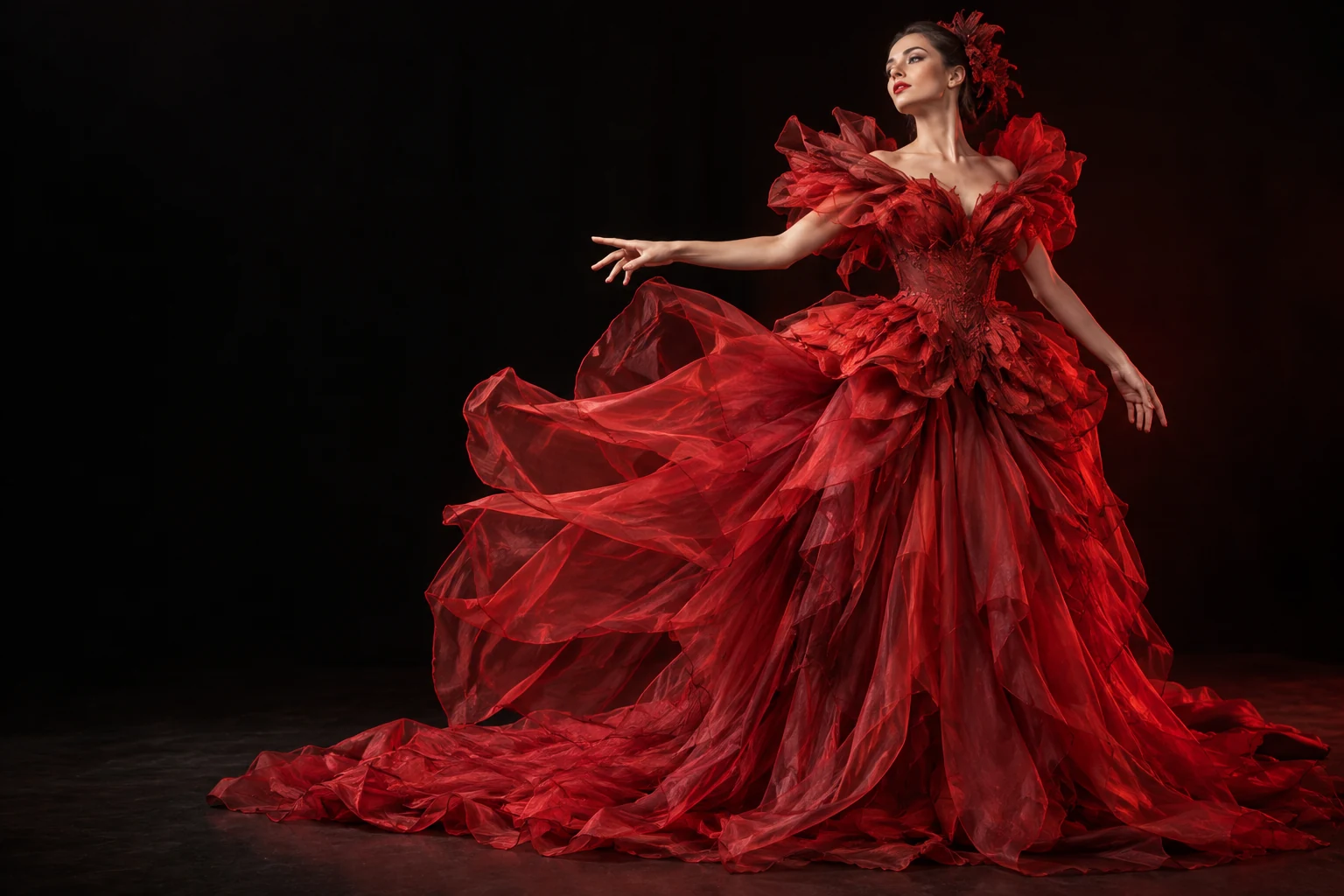 Illustrative sculptural red costume with flowing organza, shown on a dark stage